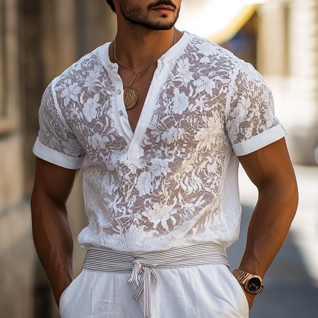 Men's Lace Henley Collar T-Shirt | Short Sleeve Casual Top | Breathable Fabric | Classic Fit | Elegant Lace Detail | Stylish Wardrobe Essential | Everyday Wear | Comfortable Men's Shirt
