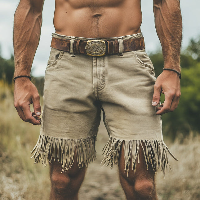Men's Denim Fringe Shorts | Western Style | Knee Length | Premium Quality | Rugged Fashion | Summer Wardrobe Essential | Regular Fit | Casual Wear | Sizes Small to 3XL | Classic Pockets | Timeless Appeal