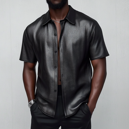 Men's Vintage Litchi Pattern PU Leather Shirt | Short Sleeve Lapel Collar | Loose Fit Casual Top | Bold Textured Design | Elegant & Comfortable | Fashion-Forward Style | Perfect for Stylish Gatherings