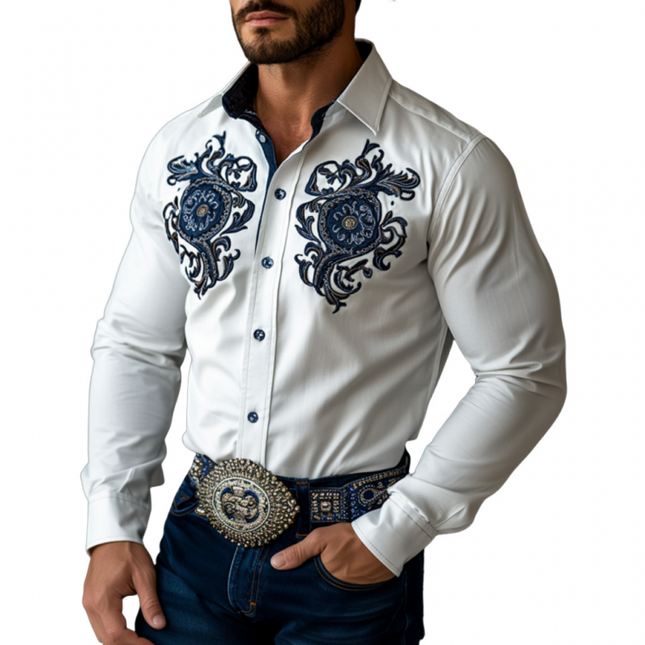 Men's Vintage Embroidered Western Cowboy Shirt | Slim Fit | Colorblock Cotton Long Sleeve | Lapel Collar | Flower Embroidery | Chest Pocket | Breathable Cotton | Casual Outings | Classic Style