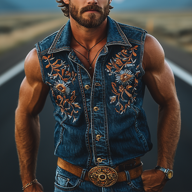 Men's Sleeveless Denim Shirt | Retro Western Cowboy Style | Summer Fashion | Embroidered Design | Casual Wear | Durable Breathable Fabric | Versatile | Easy Pairing | Comfortable Outdoor Essential