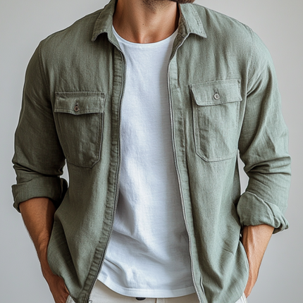 Men's Linen Blend Shirt | Breathable Casual Long Sleeve | Lapel Collar Zipper Placket | Chest Pocket | Versatile Relaxed Fit | Ideal for Everyday Wear | Lightweight and Comfortable | Easy Care
