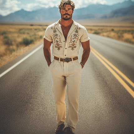 Men's Retro Western Embroidered Jumpsuit | Summer Cotton Linen One-Piece | Breathable Fabric | Intricate Design | Relaxed Fit | Functional Pockets | Easy Style | No Belt Required