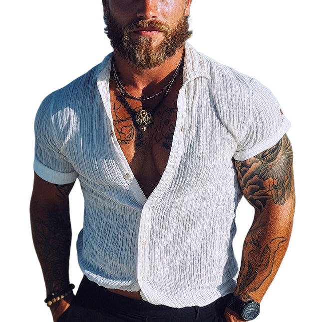Men's Short Sleeve Striped Textured Lapel Shirt | High-Quality Fabric | Breathable & Lightweight | Stylish Elegant Design | Versatile Casual to Semi-Formal | Comfortable Fit | Perfect for Modern Man's Wardrobe