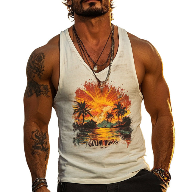 Men's Hawaiian Print Sleeveless Tank | Crew Neck | Tropical Graphic Shirt | Vacation Beachwear | Breathable Fabric | Relaxed Fit | Casual Summer Top | Bold Design