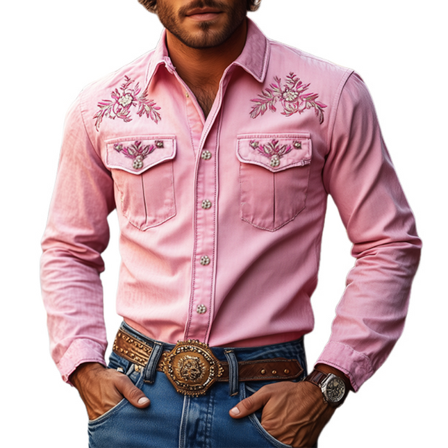 Men's Retro Western Shirt | Cotton Blend | Embroidered Long Sleeve | Classic American Style | Casual or Country Wear | Snap Buttons | Relaxed Fit | Breathable Fabric | Versatile Layering | Easy Care