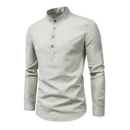 Men's 100% Cotton Linen Solid Color Stand Collar Dress Shirt | Long Sleeve | Neck Button Design | Casual Spring Summer Shirt | Breathable & Soft Fabric