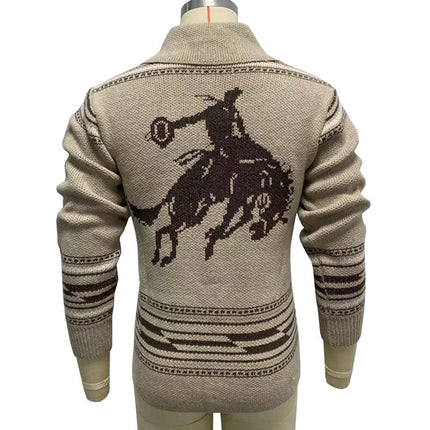 Men's Vintage Jacquard Cardigan | Lapel Collar | Single Breasted Knit | Soft Cotton Acrylic Blend | Intricate Pattern | Long Sleeves with Pockets | Easy Care | Multiple Sizes Available | Versatile Layering Piece
