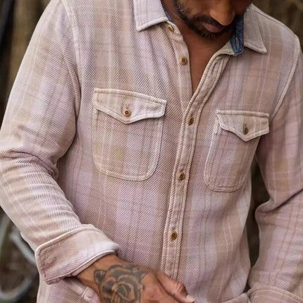 Men's Slim Fit Long Sleeve Shirt | Retro Pink Plaid Pattern | Twill Fabric | Classic Collar | Button-Down Closure | Fashionable Vintage Style