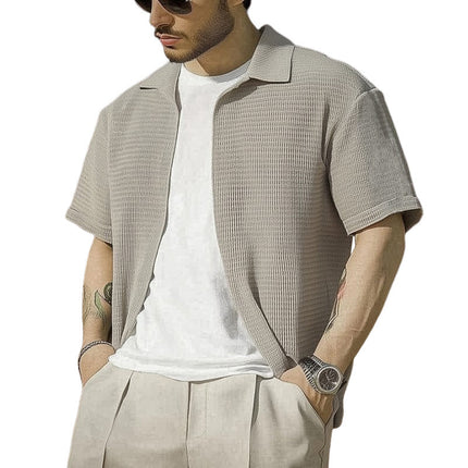 Men's Gray Textured Cotton Shirt | Short Sleeve Lapel Collar | Casual Modern Fit | Versatile Everyday Wear | Breathable Summer Top