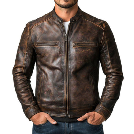 Men's Leather Jacket | Vintage Distressed Style | Long Sleeve | Zipper Closure | High-Quality Leather | Rugged Charm | Timeless Fashion | Versatile Outerwear | Durable & Comfortable | Perfect for Layering