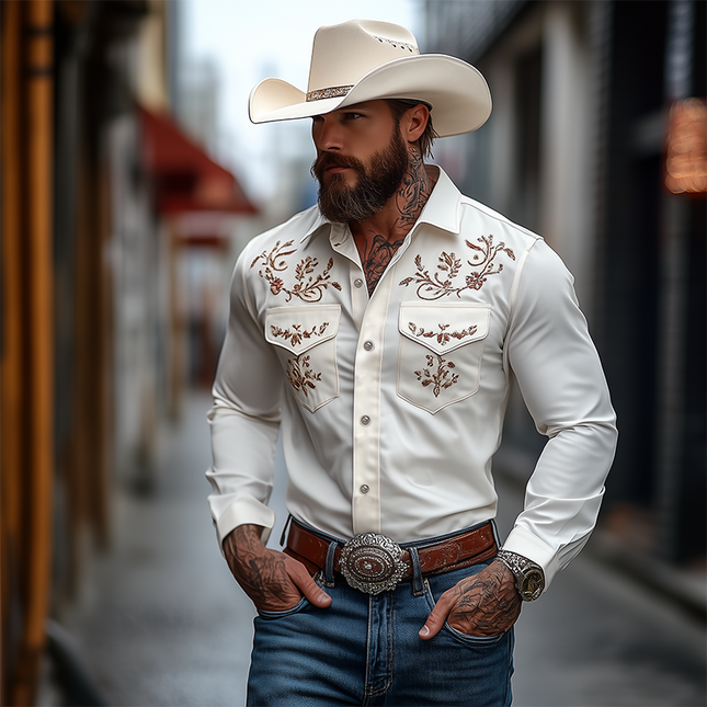 Men's Western Style Shirt | Embroidered Slim Fit | Classic American Design | Long Sleeve Cotton | High-Quality Fabric | Versatile for Casual & Semi-Formal Occasions | Timeless Americana Fashion