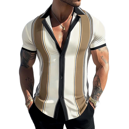Men's Summer Shirt | Retro Geometric Stripe Print | Casual Beachwear | Short Sleeve | Lapel Collar | Lightweight & Breathable Polyester | Comfortable Fit | Available in Sizes S to 3XL