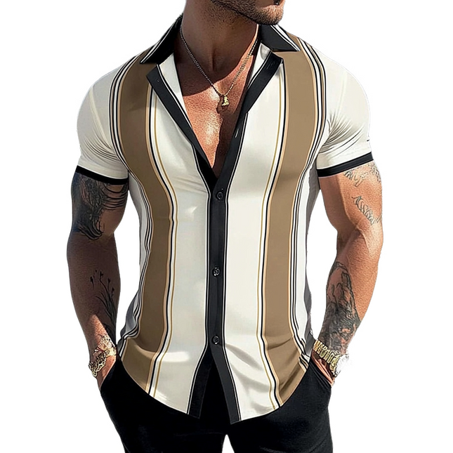 Men's Summer Shirt | Retro Geometric Stripe Print | Casual Beachwear | Short Sleeve | Lapel Collar | Lightweight & Breathable Polyester | Comfortable Fit | Available in Sizes S to 3XL