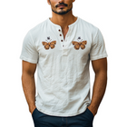 Men's Slim Fit Short Sleeve Shirt | Butterfly Embroidery | Cotton Linen Blend | Vintage Henley Collar | Breathable Summer Top | Classic Design | Casual & Smart Styles