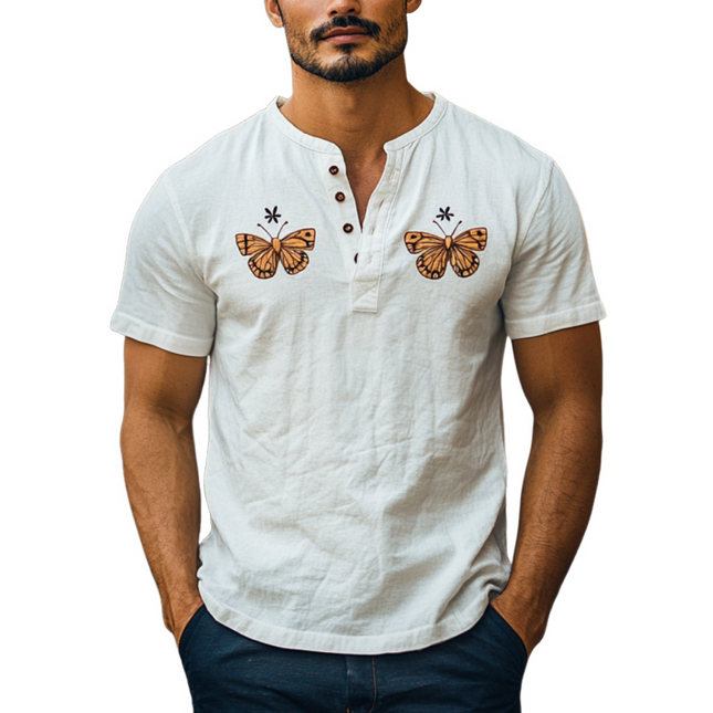 Men's Slim Fit Short Sleeve Shirt | Butterfly Embroidery | Cotton Linen Blend | Vintage Henley Collar | Breathable Summer Top | Classic Design | Casual & Smart Styles