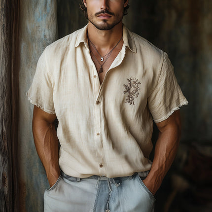 Men's Khaki Tencel Shirt | Short Sleeve | Skin-friendly | Embroidered | Casual & Refined Style | Lightweight & Breathable Fabric | Relaxed Fit | Button-Down | Ideal for Summer & Semi-Formal Occasions