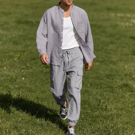 Men's Cotton Linen Long-Sleeve Shirt Trousers Set | Casual Breathable Outfit | Neutral Tone Options | Comfortable Fit for Everyday Wear