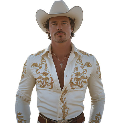Men's Cowboy Style Shirt | Summer Chiffon Long Sleeve | Embroidered Design | Lightweight & Breathable | Casual & Semi-Formal | Rustic Elegance | Versatile Wardrobe Staple