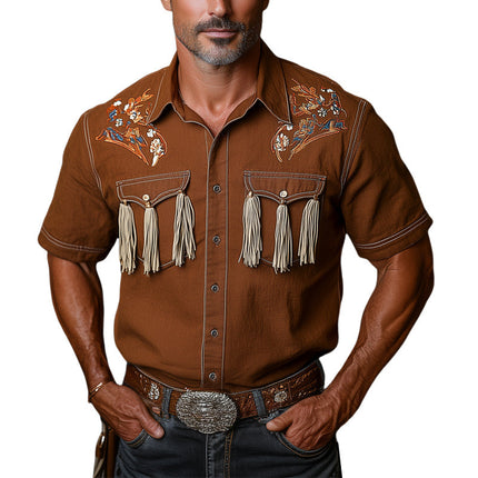 Men's Western Shirt | Cowboy Style | Embroidered Tassels | Short Sleeve | Cotton-Poly Blend | Pointed Collar | Versatile Styling | S-3XL | Modern Design | Breathable & Durable | Casual Shirt