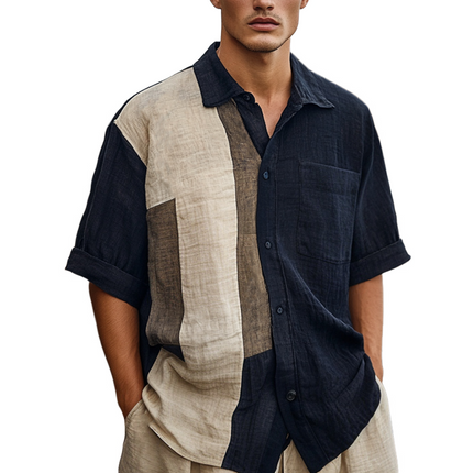 Men's Ice Silk Short Sleeve Shirt | Casual Color Block Design | Skin-friendly | Wrinkled Texture | Breathable Fabric | Summer Cool | Stylish Button-Down Top | Lightweight & Comfortable