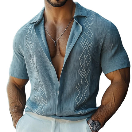 Men's Summer Shirt | Short Sleeve | Casual Texture | Embroidered Design | Lightweight Cotton Blend | Spread Collar | Perfect for Warm Weather | Sizes S to 3XL | Sophisticated & Relaxed Look