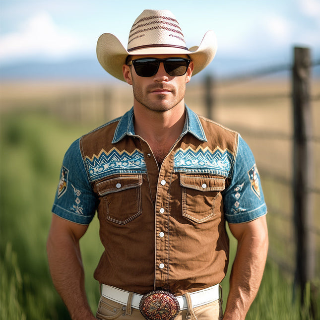 Men's Western Cowboy Style Shirt | Vintage Denim | Snap Button | Short Sleeve | Classic Western Look | Rugged Vintage Prints | Durable yet Soft Fabric | Perfect for Casual Days or Themed Events | Sizes S-3XL