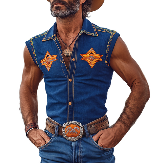 Men's Sleeveless Tencel Denim Shirt | Retro Western Cowboy Style | Embroidered Metal Buttons | Slim Fit | Breathable Summer Wear | Tailored Lapel Collar | Stylish Casual Streetwear