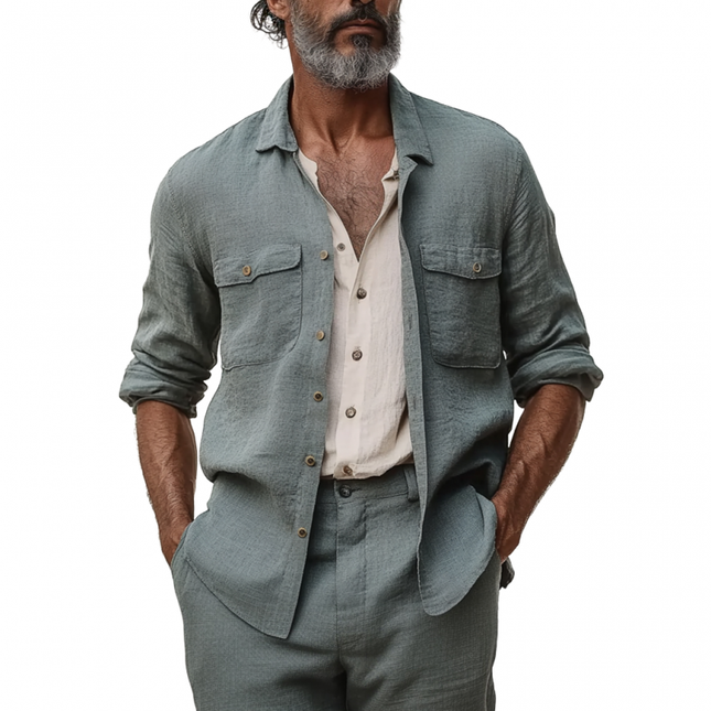 Men's Linen Shirt | Breathable Casual Long Sleeve | Lapel Collar | Chest Pocket Design | Loose Fit | Lightweight Fabric | Versatile Style for Warm Days | Easy Care | Multiple Colors & Sizes Available