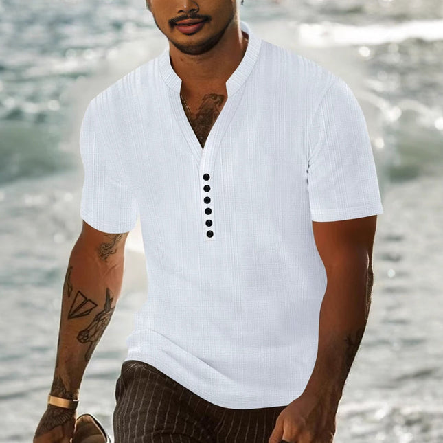 Men's Short Sleeve Solid Color T-Shirt | Casual Pullover with Button Detail | Comfortable Cotton Blend | Modern Fit | Versatile Wardrobe Essential | Stylish Neckline | Ideal for Warm Weather | MTA0625E4X