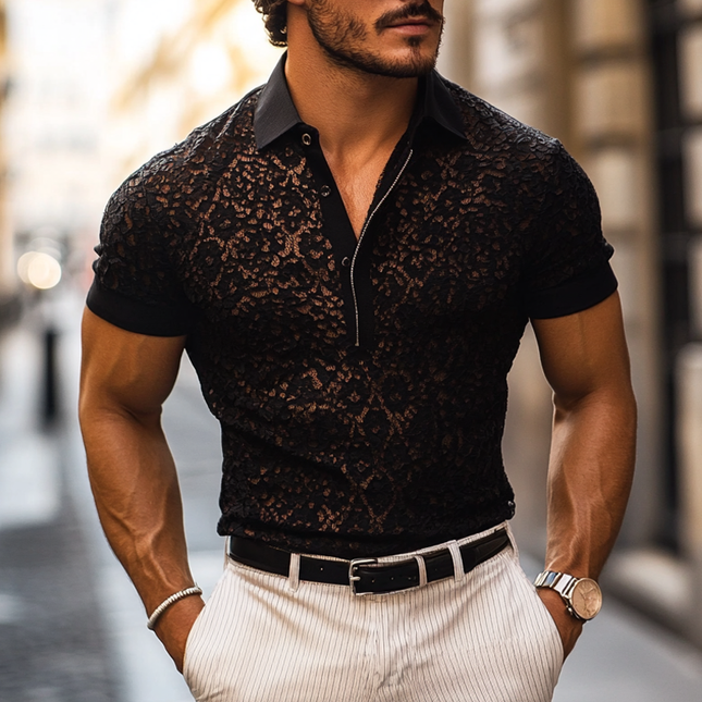 Men's Lace Lapel Polo Shirt | Short Sleeve | Casual Fashion | Soft Breathable Fabric | Button Placket | Solid Color | Elegant Collar Detail | Regular Fit | Ideal for Warm Weather | Multiple Sizes Available