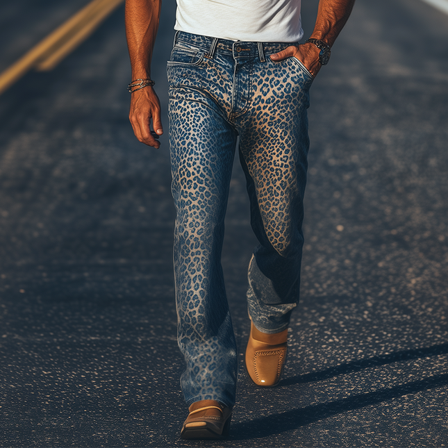 Men's Fashion | Spring Summer Retro Western Style Washed Denim Leopard Print Pants | Vintage Cowboy Look | Casual Straight-Leg Jeans | Breathable Fabric | Bold Leopard Print | MTA1337E1K