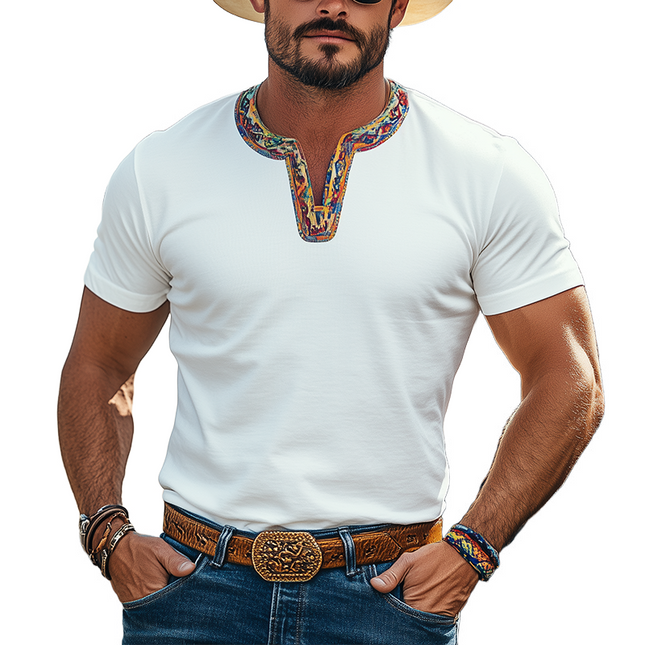 Men's Cotton Blend V-Neck T-Shirt | Retro Western Cowboy Style | Casual Short Sleeve | Colorful Ribbon Splicing | Breathable Fabric | Classic Vintage Aesthetic