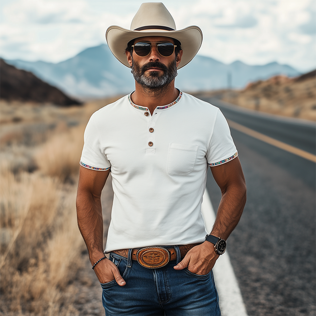 Men's Western Cowboy Style T-Shirt | Henley Collar | Short Sleeve | Retro Suede Stitching | Colorful Ribbon Details | Casual Comfort | Vintage Inspired | Breathable Material | Relaxed Fit