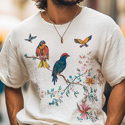 Men's Embroidered Round Neck T-Shirt | Cotton Linen Blend | Short Sleeve Casual Top | Breathable Elegant Design