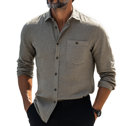 Men's Gray Long Sleeve Shirt | Cotton Linen Blend | Casual Smart Casual Wear | Soft Lightweight Breathable Fabric | Turn Down Collar | Button-Up Closure | Regular Fit | Sizes S-XXXL | Versatile Office & Casual