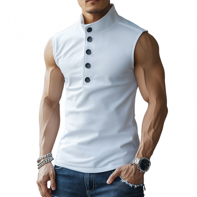Men's Sleeveless Soft Cotton Tank | Stand Collar Button Detail | Slim Fit Casual Summer Top | Breathable & Stylish | Comfortable Soft Fabric | Perfect Layering Piece | Versatile for Outings | Tailored Fit