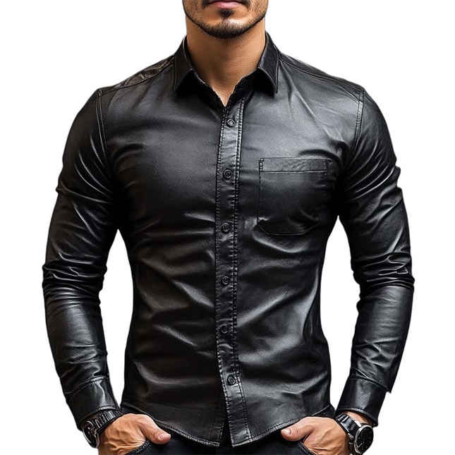 Men's Leather Long Sleeve Shirt | Slim Fit | Classic Casual Design | Premium Soft Leather | Tailored Look | Button-Down Closure | Versatile Styling | Durable & Fashionable | Ideal for Day & Night Wear