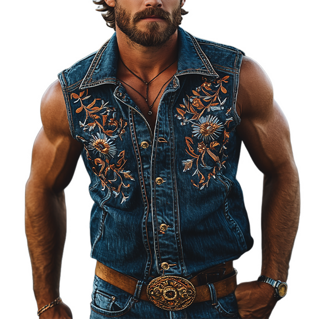 Men's Sleeveless Denim Shirt | Retro Western Cowboy Style | Summer Fashion | Embroidered Design | Casual Wear | Durable Breathable Fabric | Versatile | Easy Pairing | Comfortable Outdoor Essential