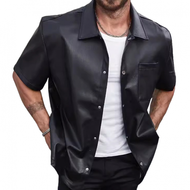 Men's PU Leather Shirt | Short Sleeve Lapel Collar | Single Breasted Casual Top with Patch Pocket | Loose Fit for Streetwear & Semi-Formal Wear | Fashionable Lightweight Design