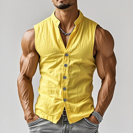 Men's Sleeveless Cotton Shirt | Stand Collar | Single Breasted | Casual Comfort | Breathable Fabric | Summer Wardrobe Essential | Stylish & Versatile | Easy Care | Comfortable Fit
