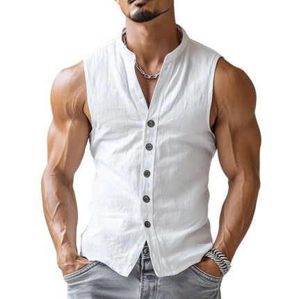 Men's Sleeveless Cotton Shirt | Stand Collar | Single Breasted | Casual Comfort | Breathable Fabric | Summer Wardrobe Essential | Stylish & Versatile | Easy Care | Comfortable Fit