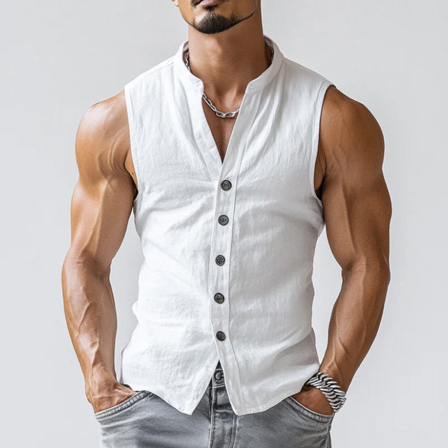 Men's Sleeveless Cotton Shirt | Stand Collar | Single Breasted | Casual Comfort | Breathable Fabric | Summer Wardrobe Essential | Stylish & Versatile | Easy Care | Comfortable Fit