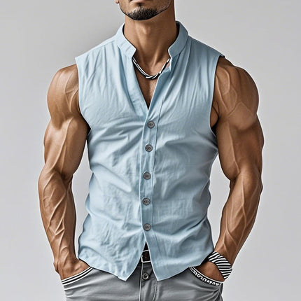 Men's Sleeveless Cotton Shirt | Stand Collar | Single Breasted | Casual Comfort | Breathable Fabric | Summer Wardrobe Essential | Stylish & Versatile | Easy Care | Comfortable Fit
