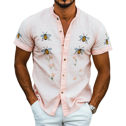 Men's Summer Shirt | Casual Stand Collar | Bee Embroidery | Cotton Linen Blend | Short Sleeve | Breathable | Stylish | Versatile | Lightweight | Ideal for Beach Outings | MTA2188D6K