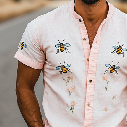 Men's Summer Shirt | Casual Stand Collar | Bee Embroidery | Cotton Linen Blend | Short Sleeve | Breathable | Stylish | Versatile | Lightweight | Ideal for Beach Outings | MTA2188D6K