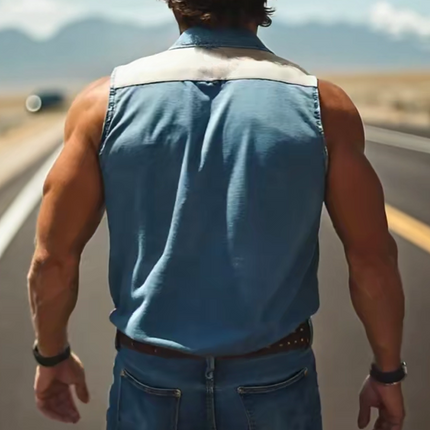 Men's Retro Western Cowboy Tank Top | Denim Stitching | Suede Embroidered | Sleeveless | Summer Fashion | Lightweight | High-Quality | Casual Outdoor Wear | Breathable Fabric | Versatile Styling Options