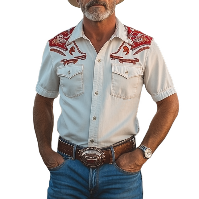 Men's Retro Western Cowboy Shirt | Contrast Cotton Linen Blend | Short Sleeve | Embroidery Detail | Spring Summer Fashion | Breathable Casual Top