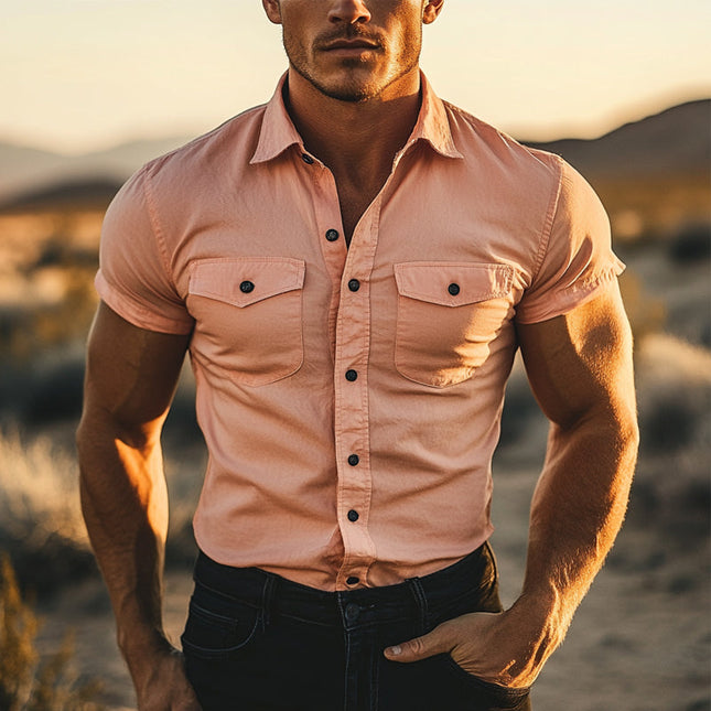 Men's Cotton Shirt | Solid Color | Short Sleeve | Lapel Collar | Button-Down | Versatile Style | Casual & Semi-Formal Wear | Lightweight & Breathable | Regular Fit | Stylish & Comfortable