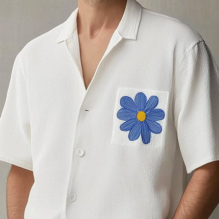 Men's Embroidered Dress Shirt | Summer Textured Fabric | Small Blue Flower Design | Modern Fit | Breathable Comfort | Versatile Style